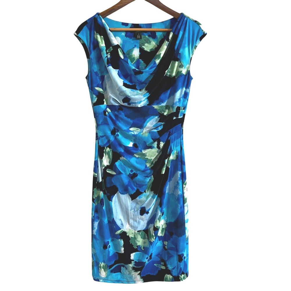 Lauren‎ Ralph Lauren Blue Floral Sheath Dress S Cowl Neck
